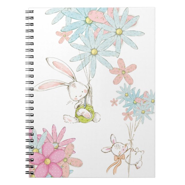 Cute rabbits with flowers notebook anteckningsbok (Framsidan)