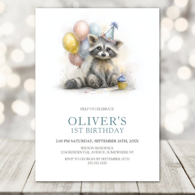 Cute Raccoon 1st Birthday Party Invitation Inbjudningar (Skapare uppladdad)