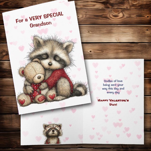 Cute Raccoon and Teddy Bear Grandson Valentine Helgkort (Skapare uppladdad)