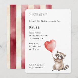 Cute Raccoon Animal Heart Ballon Birthday Inbjudningar