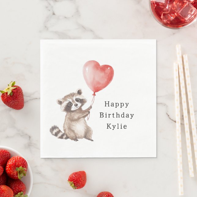 Cute Raccoon Animal Heart Ballon Birthday Pappersservett (Insitu)
