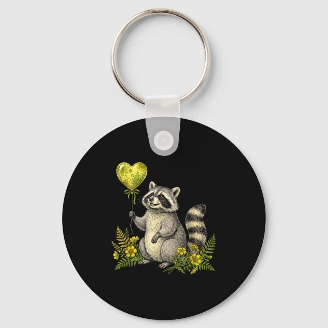 Cute Raccoon Balloon Heart Flowers Sweet Raccoon L Nyckelring (Framsida)
