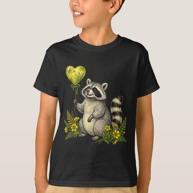 Cute Raccoon Balloon Heart Flowers Sweet Raccoon L T Shirt (Framsida)