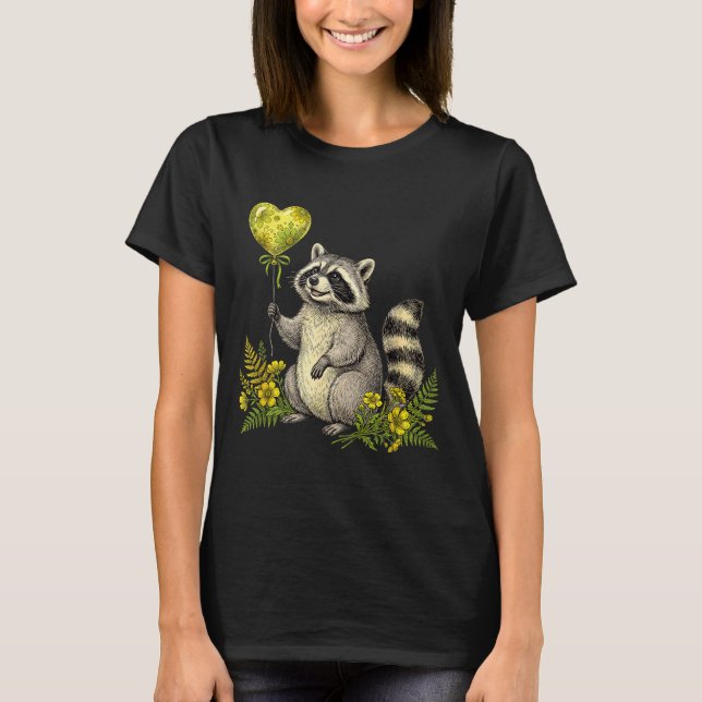 Cute Raccoon Balloon Heart Flowers Sweet Raccoon L T Shirt (Framsida)