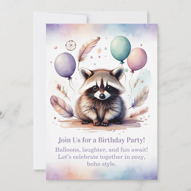 Cute Raccoon Birthday Invitation Woodland Boho  Inbjudningar (Framsida)