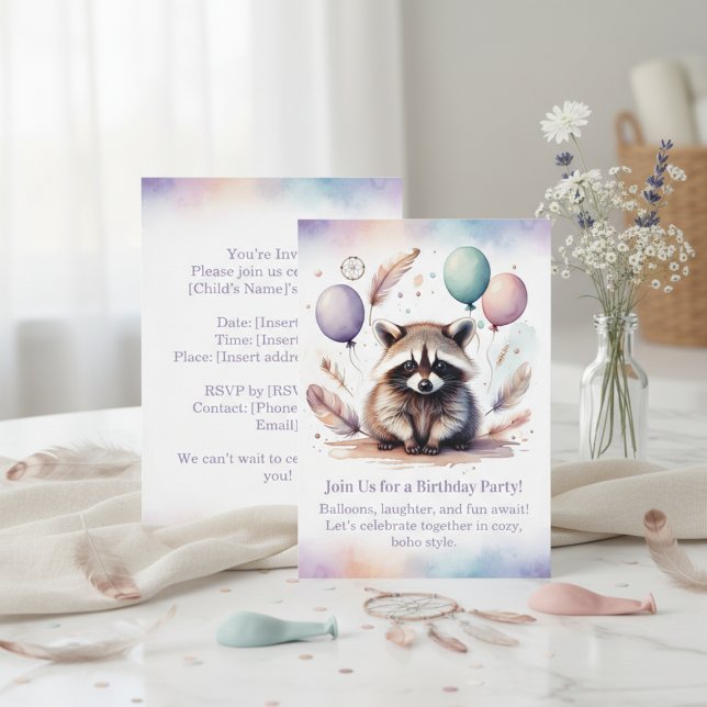 Cute Raccoon Birthday Invitation Woodland Boho  Inbjudningar (Cute Raccoon Birthday Invitation Woodland Boho)