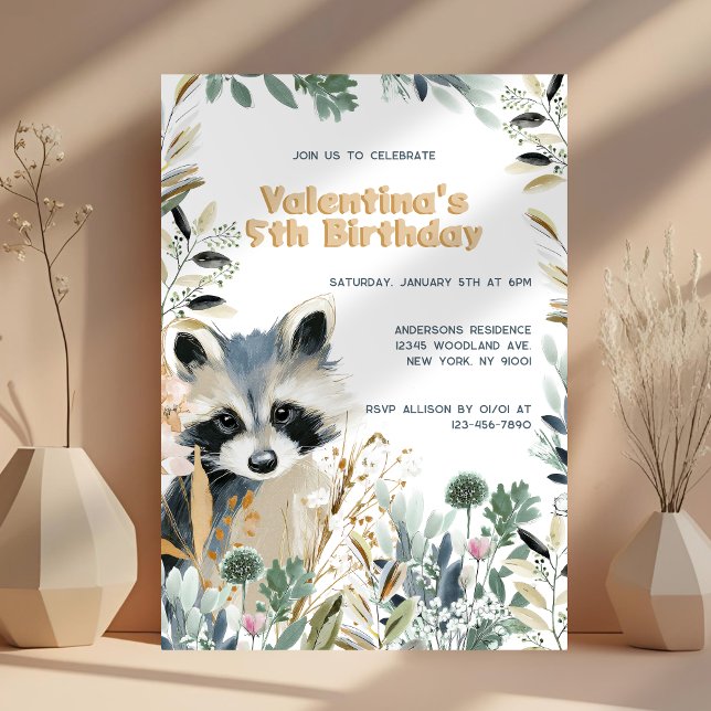 Cute Raccoon Birthday Woodland Watercolor Natature Inbjudningar (Skapare uppladdad)