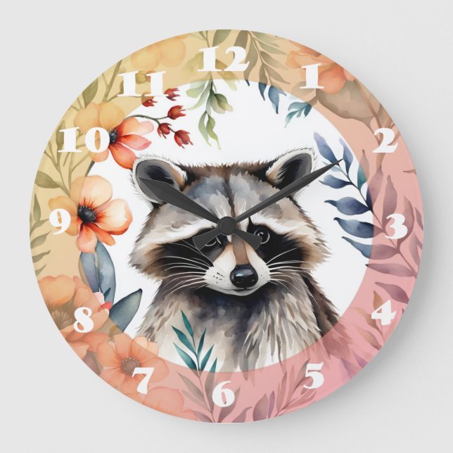 Cute raccoon bland blommor stor klocka (Framsida)