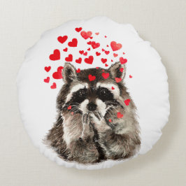 Cute Raccoon Blowing Kisses Kärlek Hearts Animal Rund Kudde