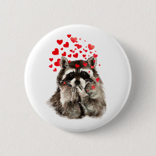 Cute Raccoon Blowing Kisses Kärlek Hearts Knapp
