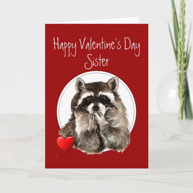 Cute Raccoon Blowing Kisses Sister Valentine Helgkort (Framsida)