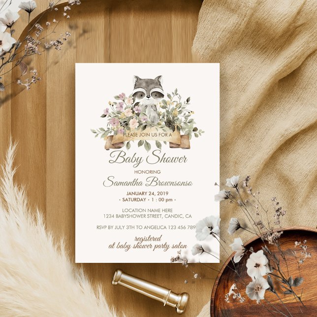 Cute Raccoon Botanical Ribbon Baby Shower Inbjudningar (Skapare uppladdad)