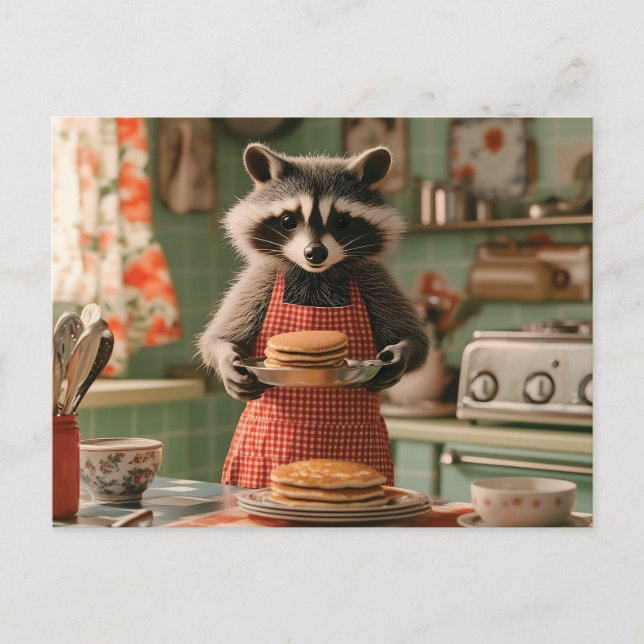 Cute Raccoon Chef i Retro Kitchen Serving Pancake Helg Vykort (Framsida)