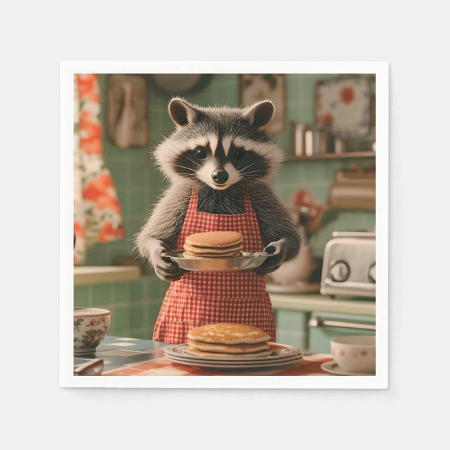 Cute Raccoon Chef i Retro Kitchen Serving Pancake Pappersservett (Framsidan)