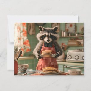 Cute Raccoon Chef i Retro Kitchen Serving Pancake Vykort