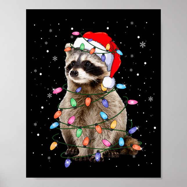 Cute Raccoon Christmas Tree Lights Pajama Raccoon  Poster (Framsidan)