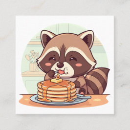 Cute Raccoon Eating Pancakes with Syrup Kawaii Fyrkantigt Visitkort