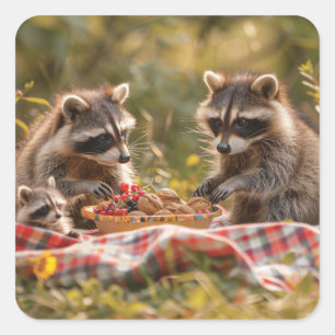 Cute raccoon-familjen med picknic fyrkantigt klistermärke