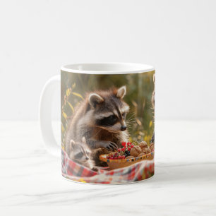 Cute raccoon-familjen med picknic kaffemugg