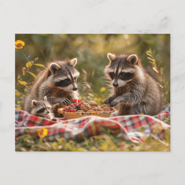Cute raccoon-familjen med picknic vykort (Framsida)