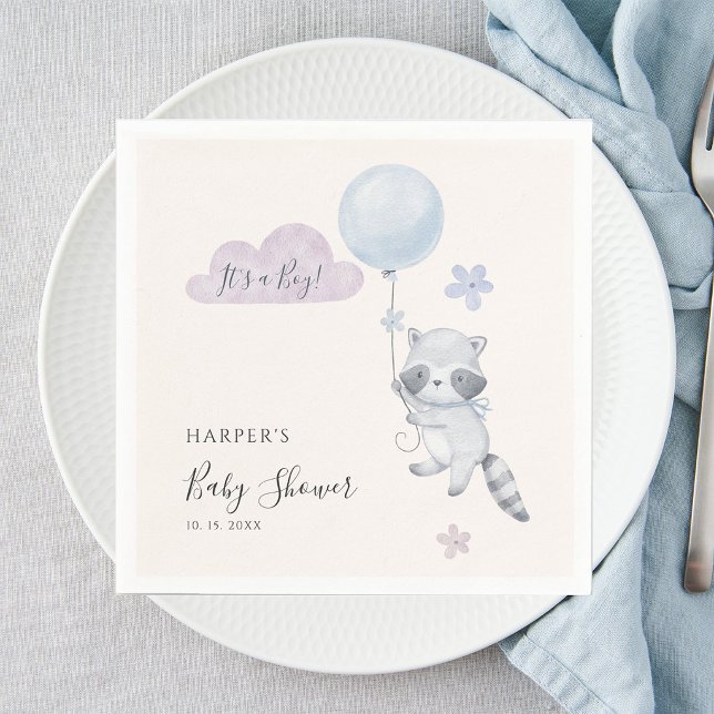 Cute Raccoon Flying Balloon Boy Baby Shower Pappersservett (Skapare uppladdad)
