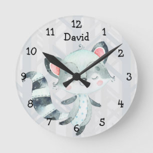 Cute Raccoon Forest Woodland Boy Nursery Rund Klocka