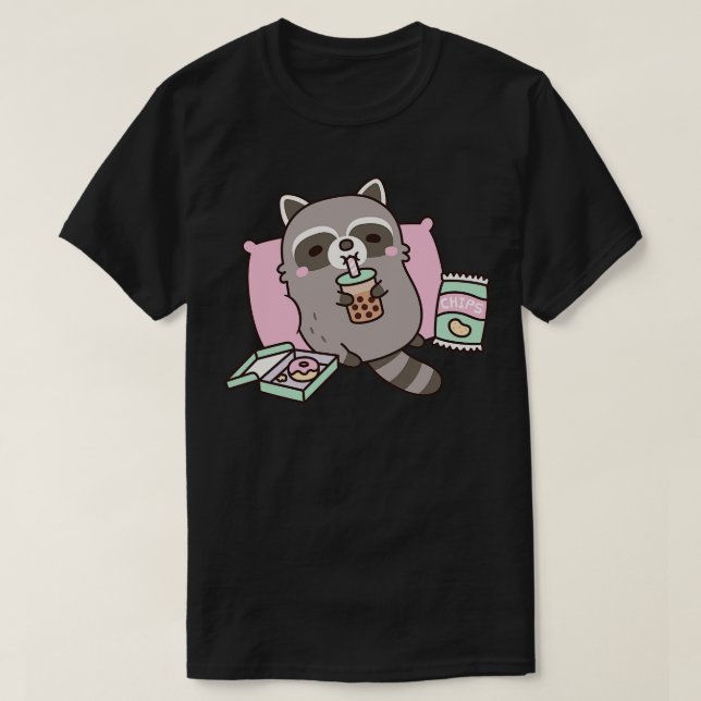 Cute Raccoon g med Boba Tea och Snacks T Shirt (Design framsida)