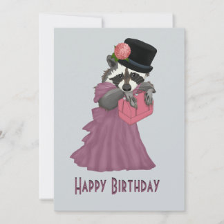 Cute Raccoon Girl i en rosa klänning Grattis på fö Julkort