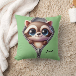 Cute Raccoon Grönt Kids Kudde
