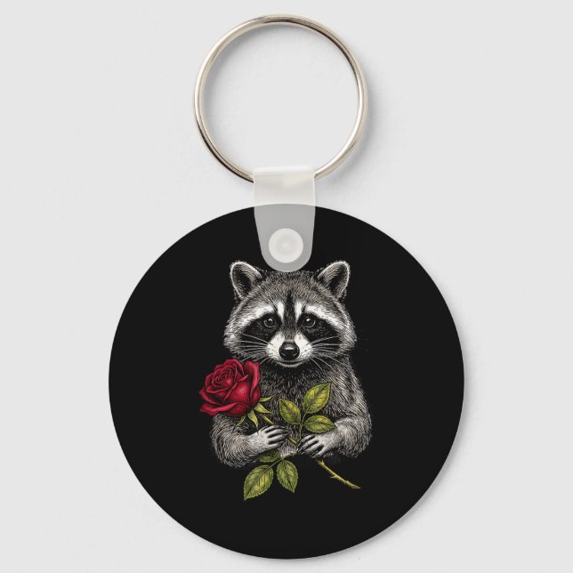 Cute Raccoon Holding A Red Rose Sweet Raccoon Love Nyckelring (Framsida)