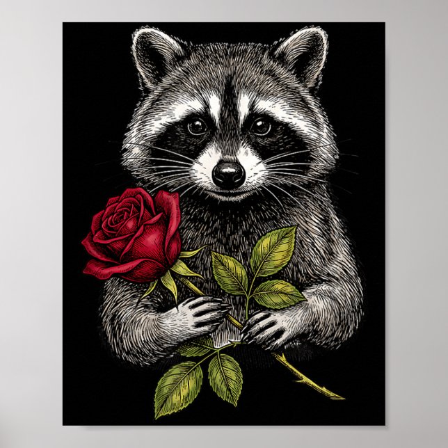 Cute Raccoon Holding A Red Rose Sweet Raccoon Love Poster (Framsidan)