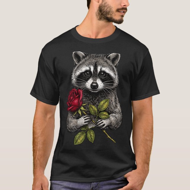 Cute Raccoon Holding A Red Rose Sweet Raccoon Love T Shirt (Framsida)