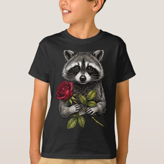Cute Raccoon Holding A Red Rose Sweet Raccoon Love T Shirt (Framsida)