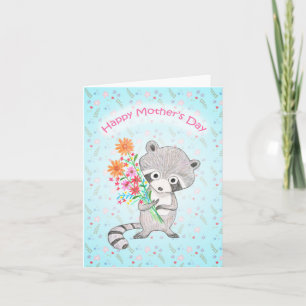 Cute Raccoon Holding Flowers Adsible Mors dag Kort