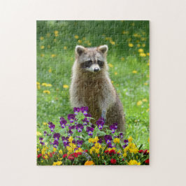 Cute Raccoon i Blomsterträdgård Wildlife Pussel