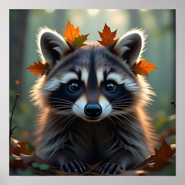 Cute Raccoon i Höst löv Poster (Framsidan)