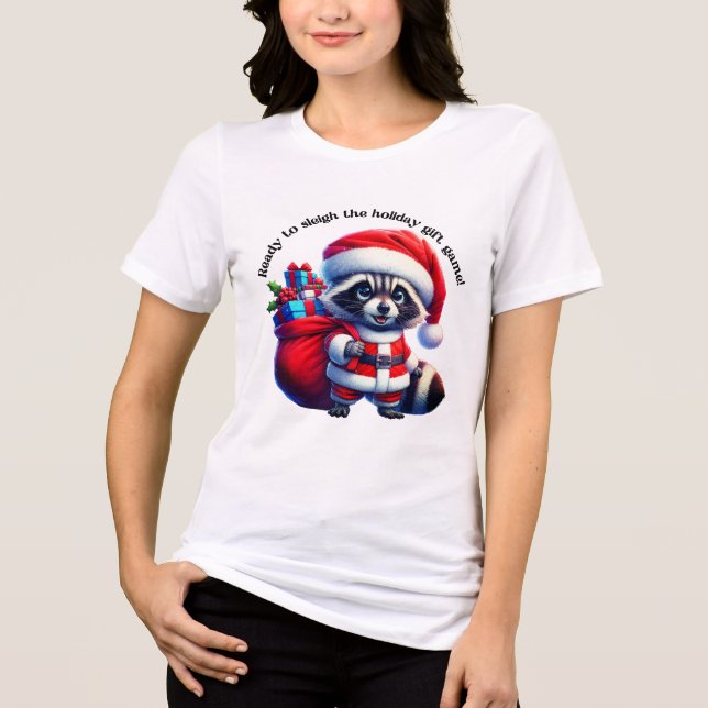 Cute raccoon i redot Santa kostym för julens rolig T Shirt (Framsida)