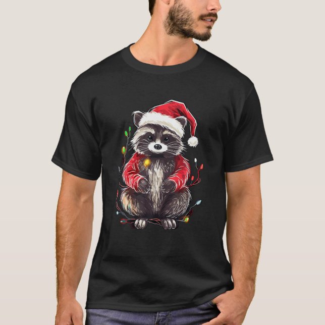 Cute Raccoon jul Ljus Santa Hat Julafton Pajam T Shirt (Framsida)