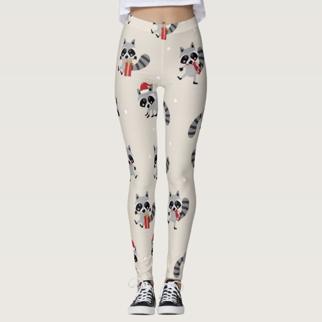 Cute Raccoon jul Mönster Leggings (Framsida)
