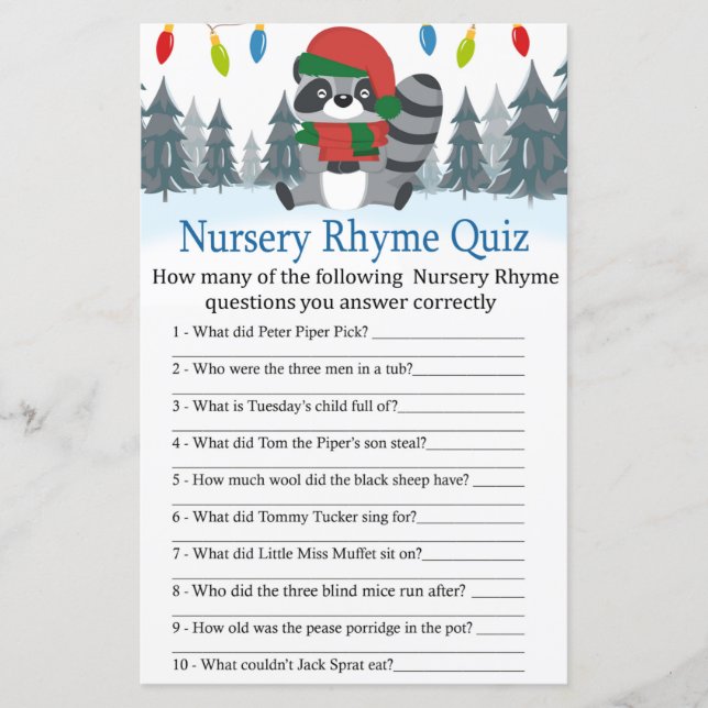 Cute Raccoon jul Nursery Rhyme Quiz-spelet (Framsida)