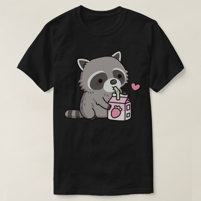 Cute Raccoon Kärlek Strawberry Mjölk Doodle T Shirt (Design framsida)