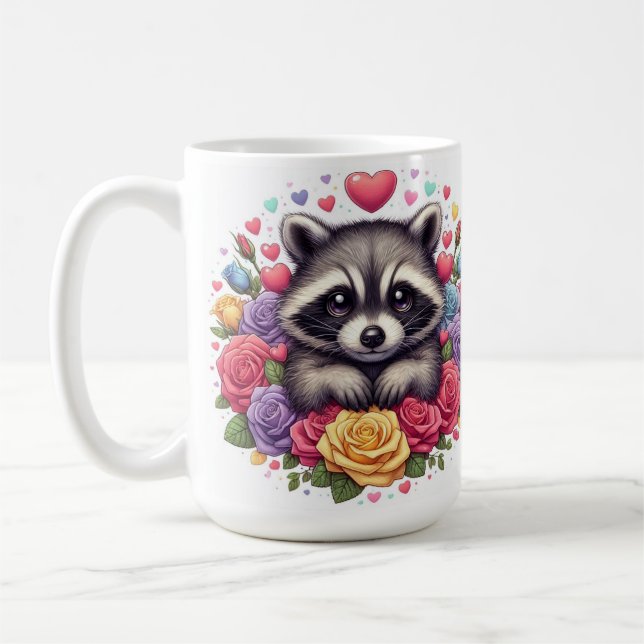 Cute Raccoon med färgstarka blommor och örter Kaffemugg (Vänster)