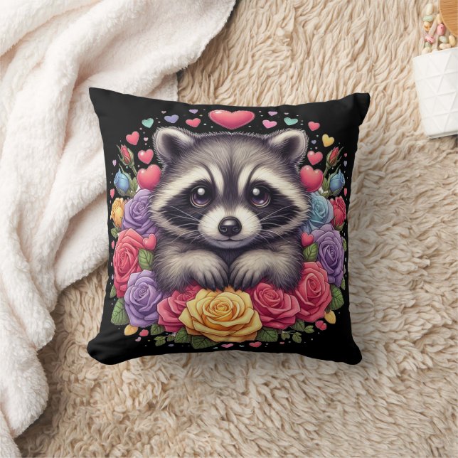 Cute Raccoon med färgstarka blommor och örter Kudde (Filt)