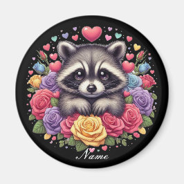 Cute Raccoon med färgstarka blommor och örter Magnet