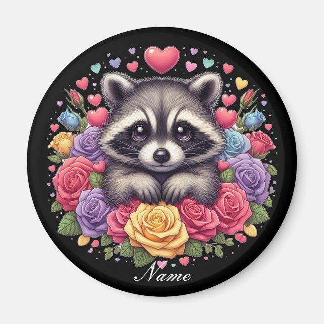 Cute Raccoon med färgstarka blommor och örter Magnet (Framsidan)