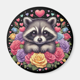 Cute Raccoon med färgstarka blommor och örter Magnet