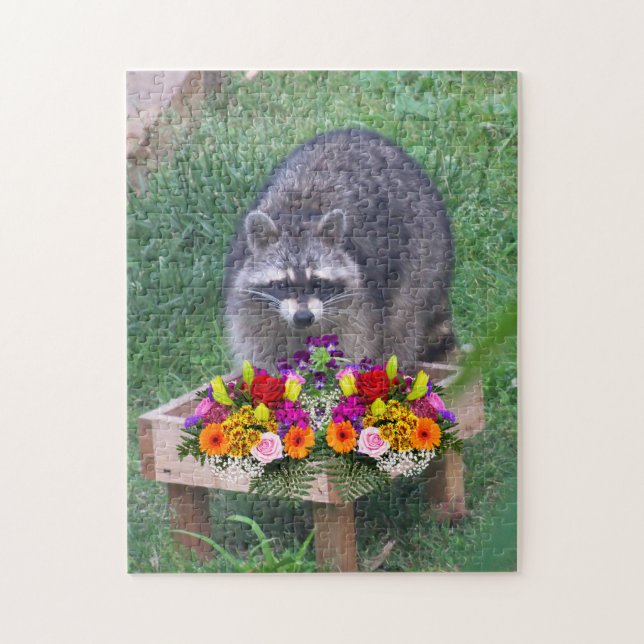 Cute Raccoon med Flowers Pussel (Vertikal)