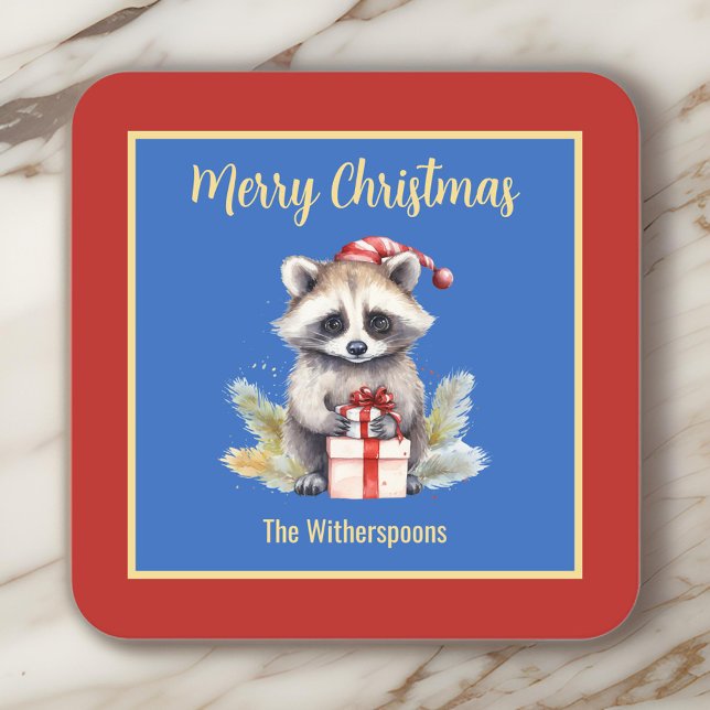 Cute Raccoon med Santa Hat God jul Underlägg Papper Kvadrat (Skapare uppladdad)