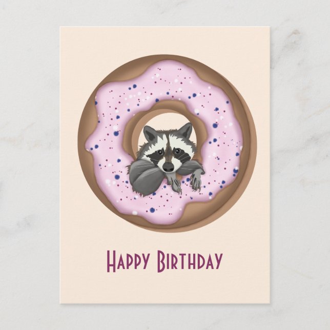 Cute Raccoon med Sweet Donut Grattis på födelsedag Vykort (Framsida)