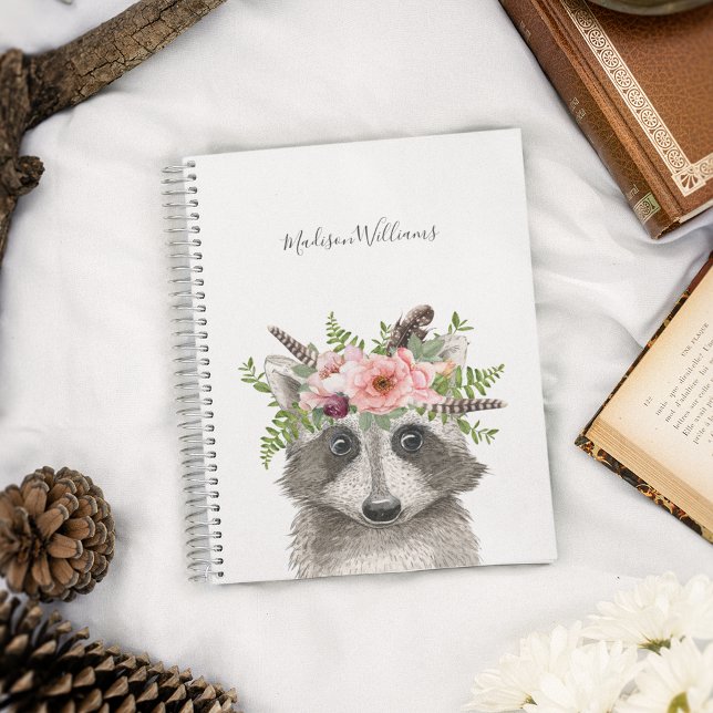 Cute Raccoon med Watercolor Blommigt Krona Anteckningsbok (Skapare uppladdad)